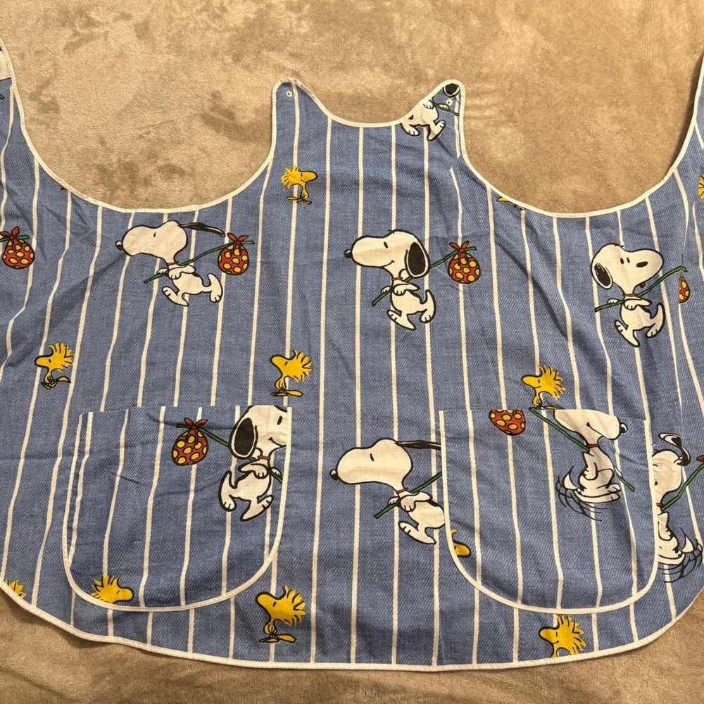 Vintage Snoopy Woodstock Peanuts Blue Striped Cobbler Apron Snap Pockets